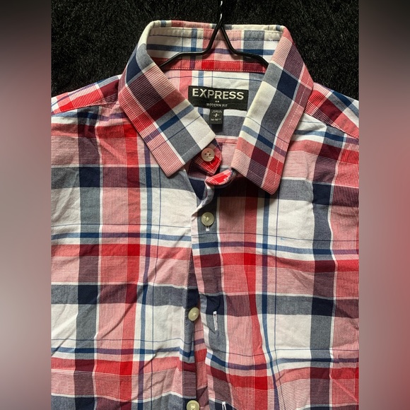 EXPRESS Men’s Red/ Blue Plaid Button-Down Modern Fit Shirt Sz S(14-14.5)PreOwned - Picture 8 of 11
